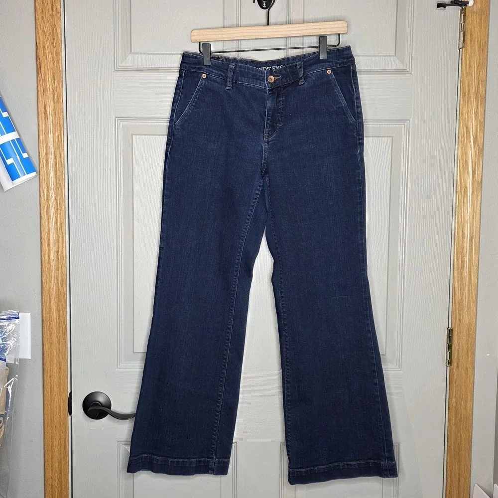 Lands End Womens Wide‎ Leg Trouser Denim Jeans Size 8 Dark Wash